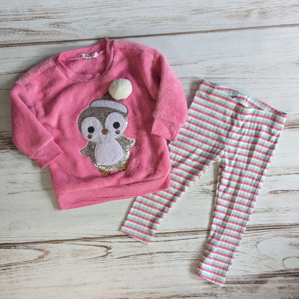 Nannette Baby Pink Fuzzy Sequin Penguin Outfit sz 18M
